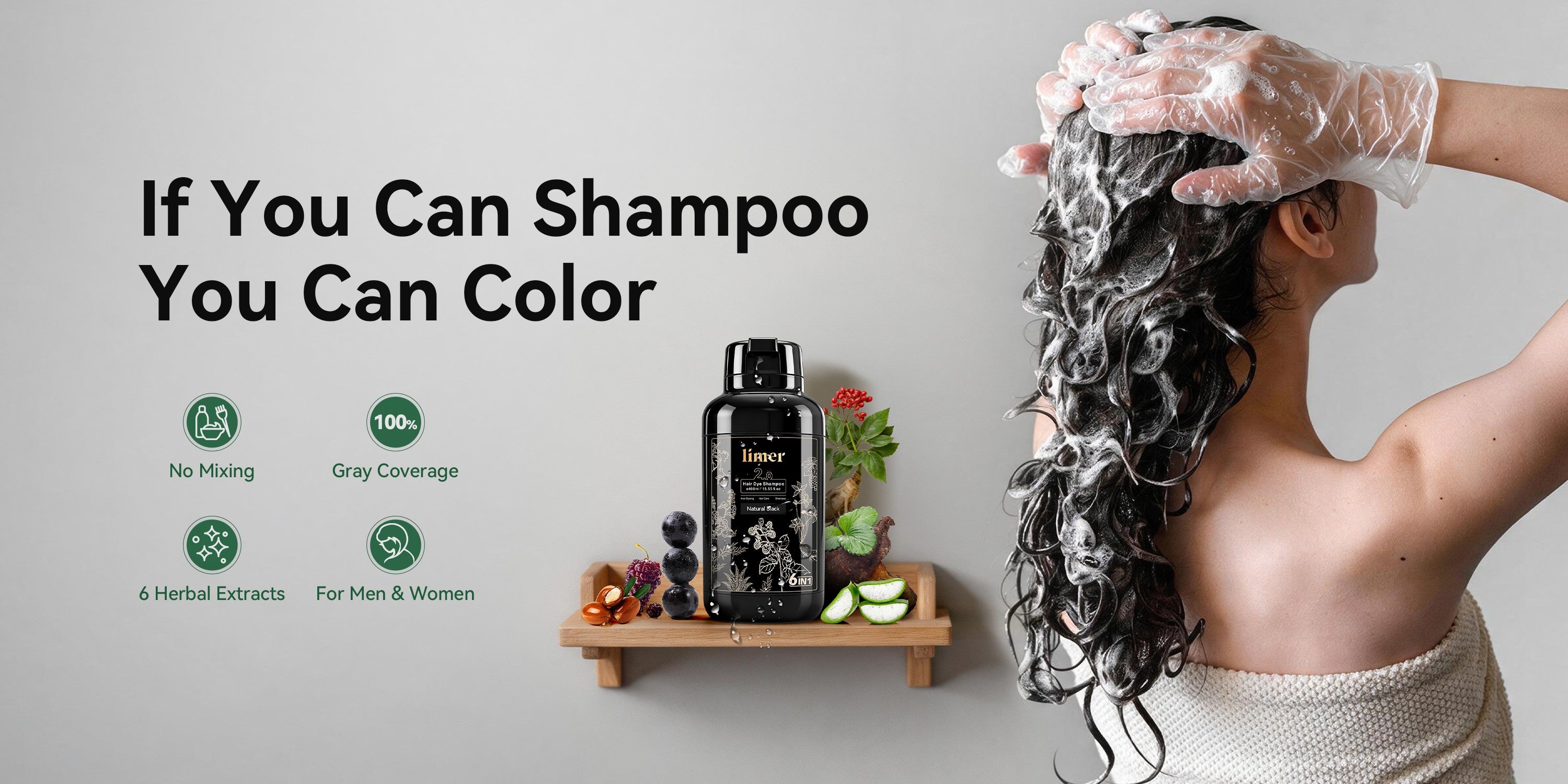 Limer hair dye shampoo for easy at-home coloring, featuring no mixing, 100% gray coverage, 6 herbal extracts, and a shampoo-like application for men and women
