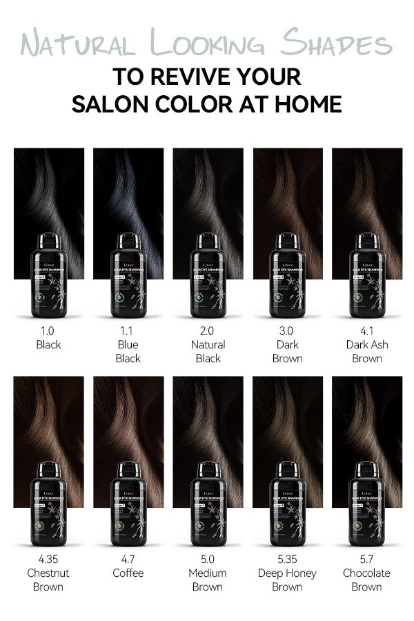 Limer Hair Dye Shampoo color chart featuring 10 natural-looking shades including black, blue black, natural black, dark brown, chestnut brown, coffee, deep honey brown, and chocolate brown