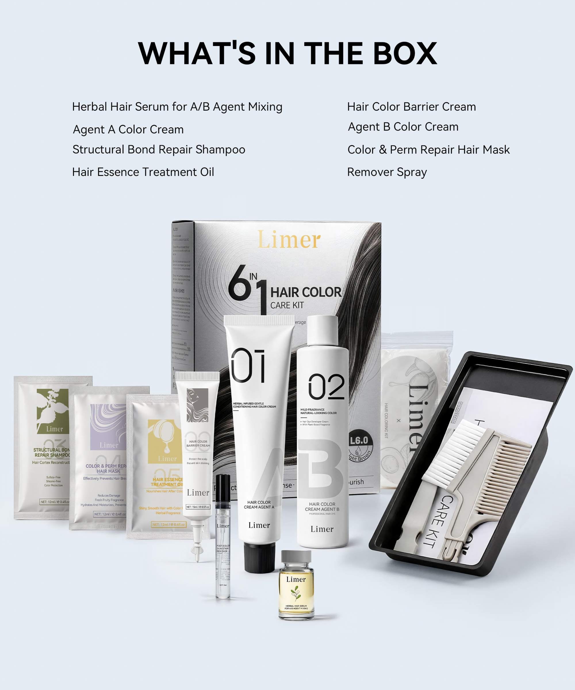 Limer hair color care kit with barrier cream, color creams, keratin hair color essence, application tools, shampoo, hair mask, treatment oil, and remover spray.