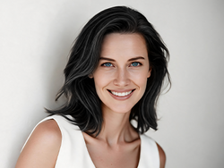 Smiling woman with glossy natural black hair showing smooth hair color results after using hair dye shampoo