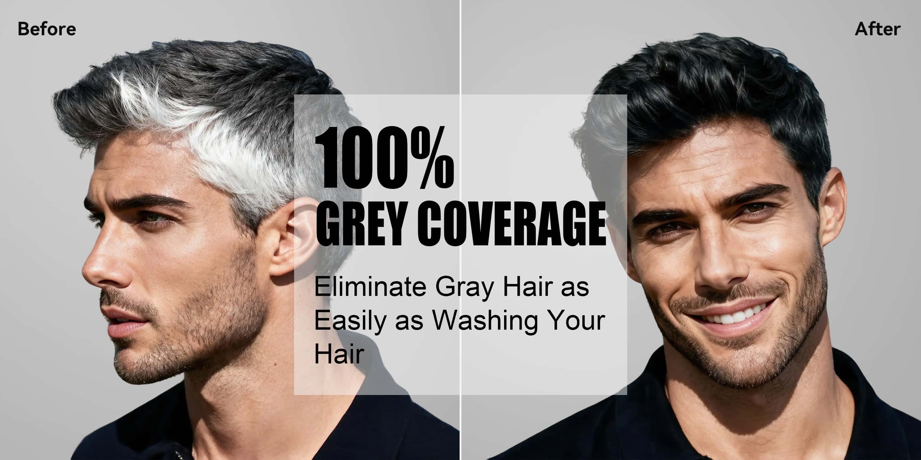 Limer Men’s hair dye shampoo showing before and after gray hair coverage, designed to eliminate gray hair easily while washing hair.