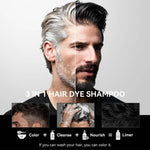 Promotional image for Limer 3-in-1 Hair Dye Shampoo showing a man in a split before-and-after view, with gray hair and beard on the left and darker colored hair and beard on the right. The image highlights the product’s three functions: color, cleanse, and nourish, with the tagline “If you can wash your hair, you can color it.