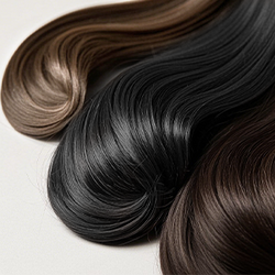 Multiple glossy hair color swatches showing black, dark brown, and light brown shades for Limer hair dye shampoo color selection