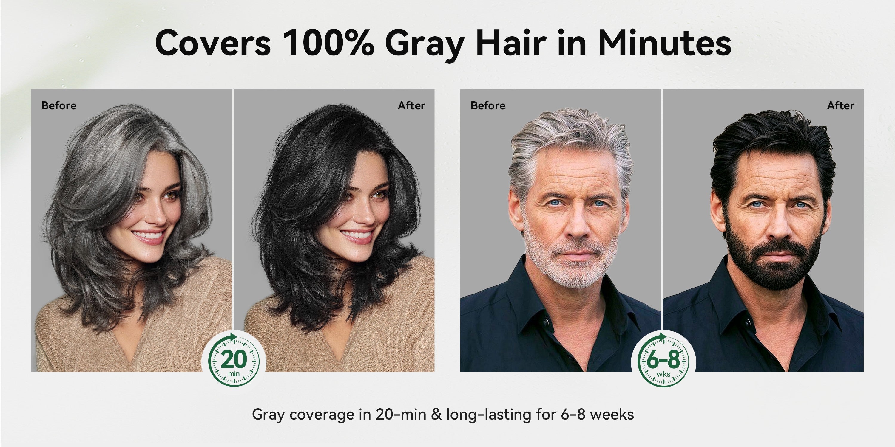 100% gray hair coverage before and after image for Limer hair dye shampoo, featuring male and female hair color results in 20 minutes and long-lasting color for 6 to 8 weeks