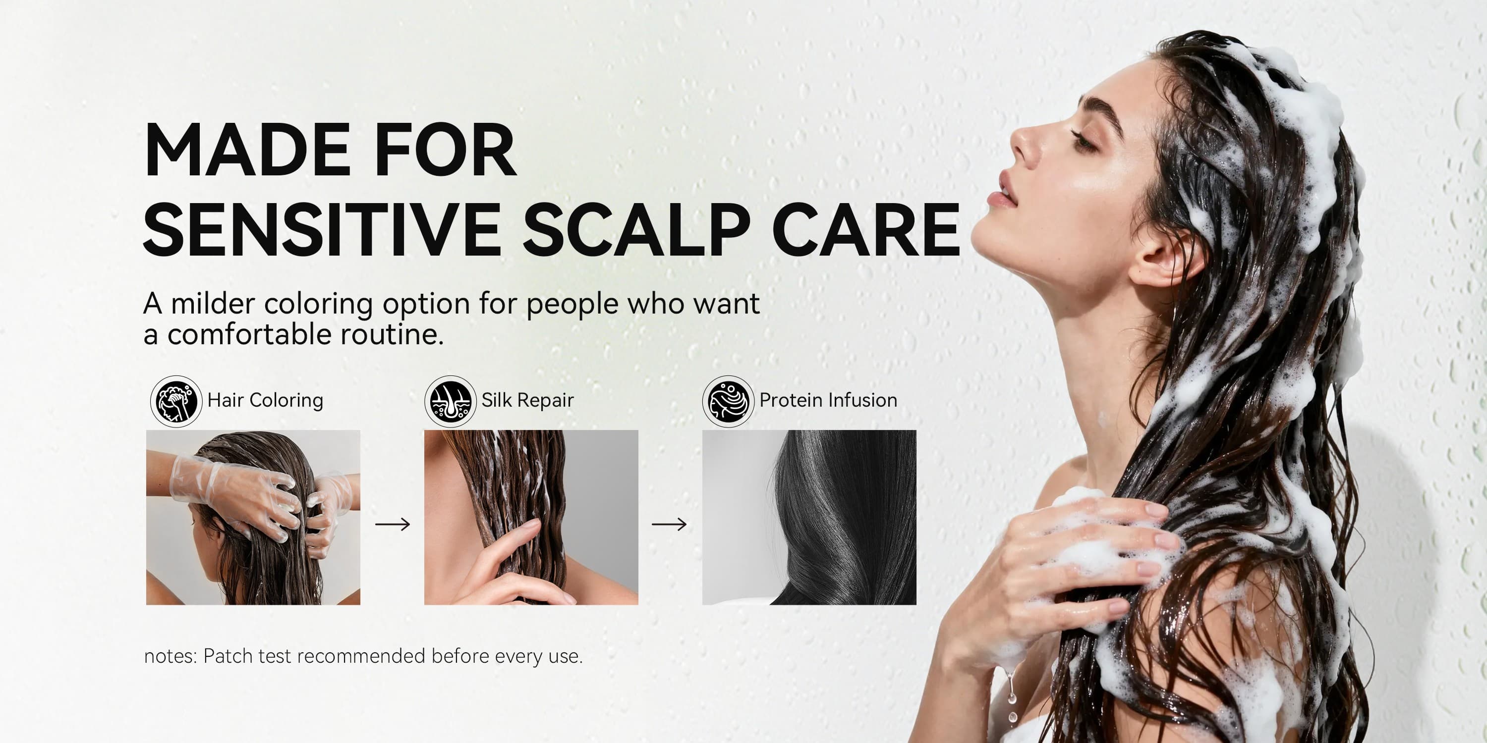 Gentle hair coloring treatment for sensitive scalp care, featuring silk repair and protein infusion for a comfortable hair care routine.