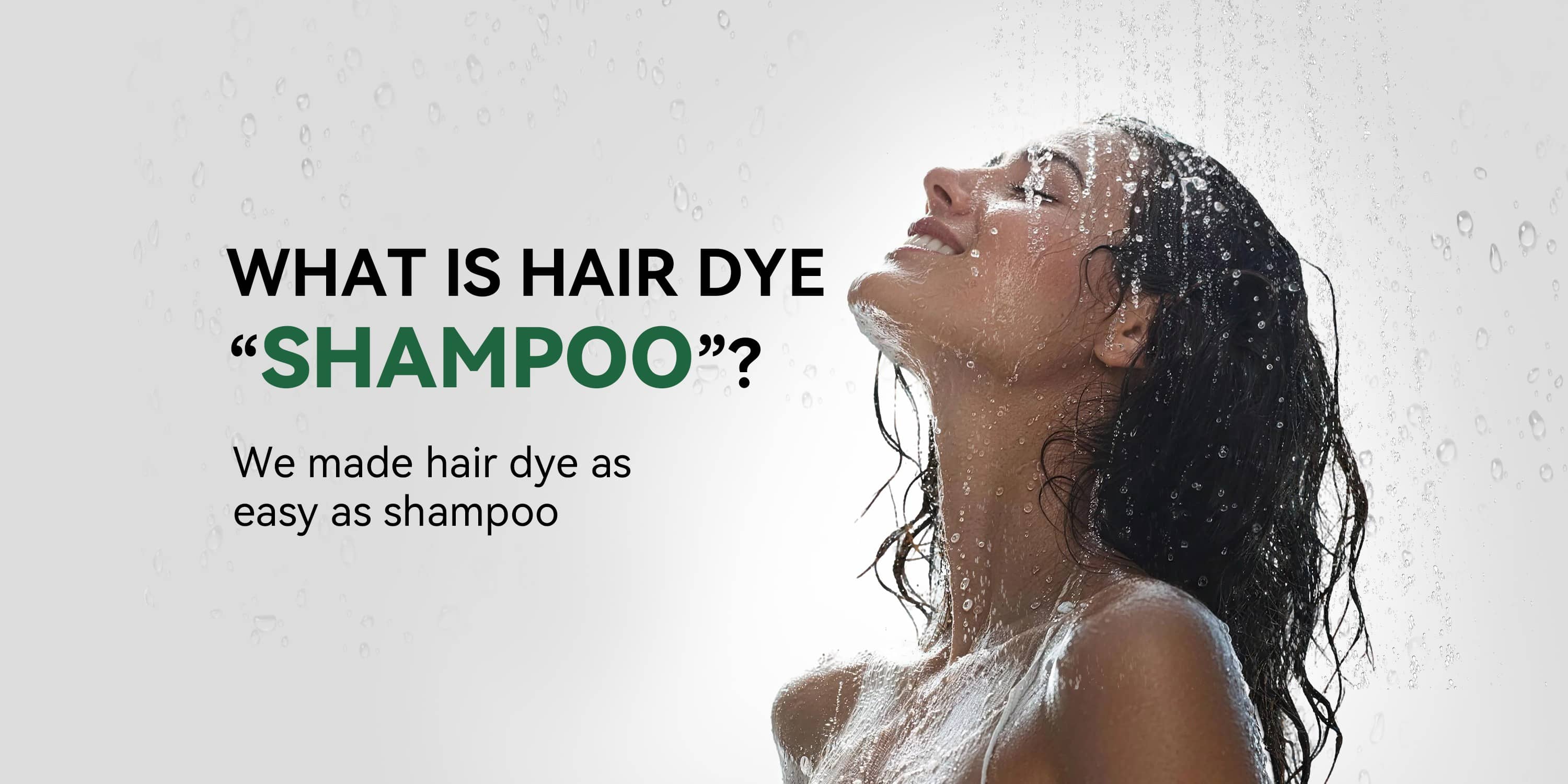 Limer Hair Dye Shampoo banner for herbal gray coverage for women and men, featuring a woman rinsing her hair in the shower.