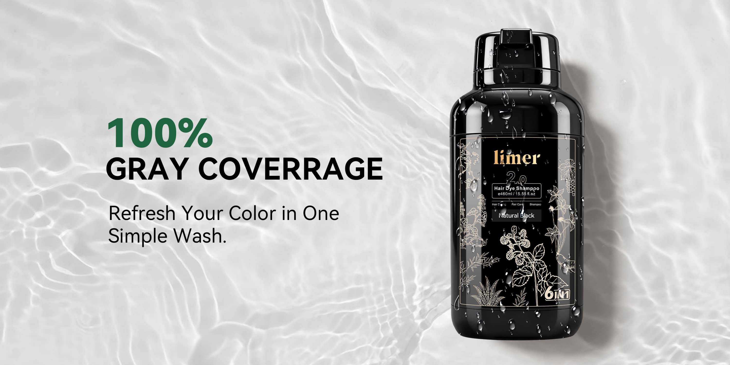 Limer 6-in-1 Natural Black hair dye shampoo for 100% gray coverage, designed to refresh hair color in one simple wash