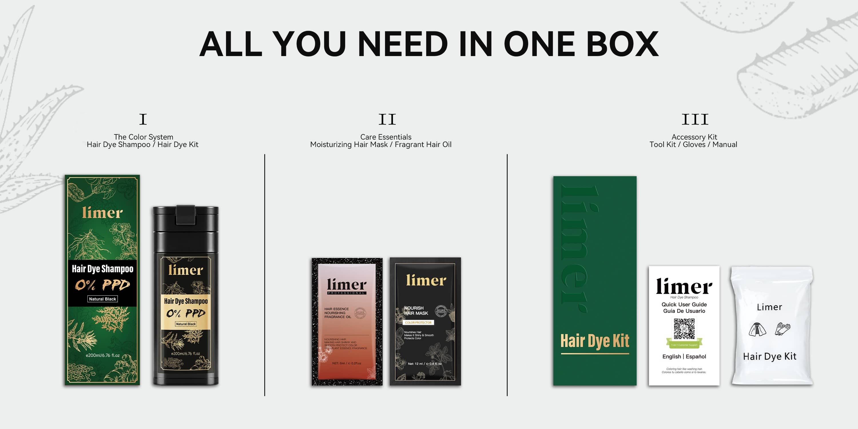 All-in-one Limer hair dye kit featuring 0% PPD hair dye shampoo, care essentials, accessory tools, gloves, and quick user guide.