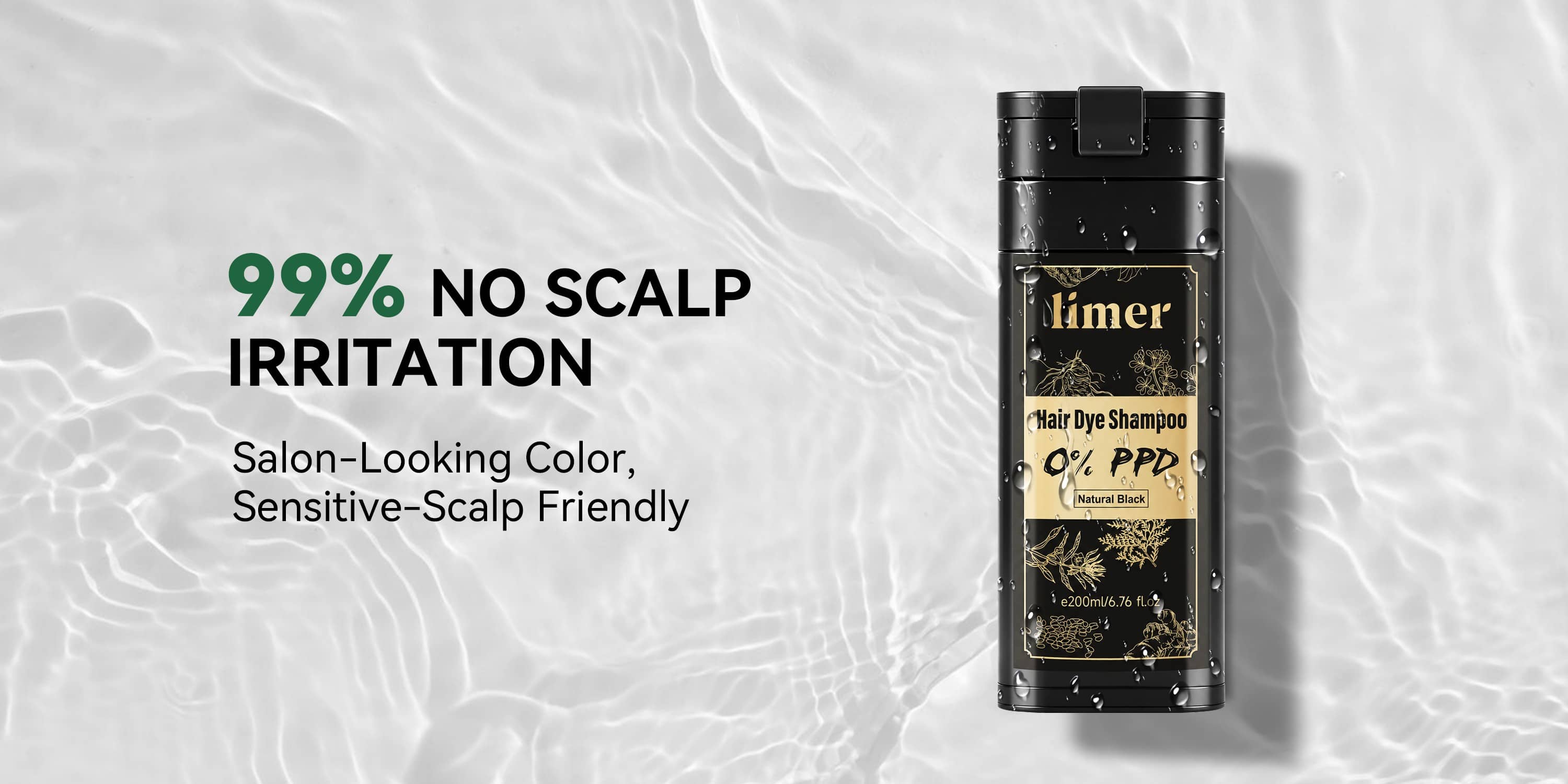 Limer 0% PPD Natural Black hair dye shampoo designed for sensitive scalps, offering salon-looking color with reduced scalp irritation