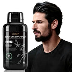 Limer black hair dye shampoo bottle labeled “Hair Dye Shampoo 6-in-1” displayed beside a dark-haired bearded man, on a clean white background.