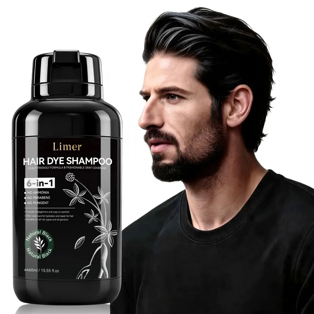 Limer black hair dye shampoo bottle labeled “Hair Dye Shampoo 6-in-1” displayed beside a dark-haired bearded man, on a clean white background.