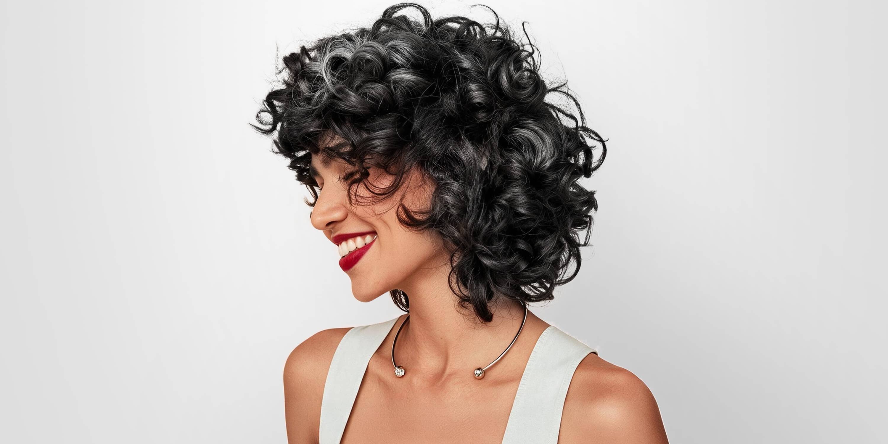 Before hair dye photo of a woman with curly salt-and-pepper hair, used to compare gray coverage results after applying Limer hair dye shampoo