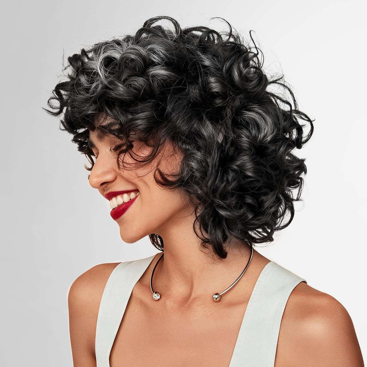 Before image showing a woman’s curly salt-and-pepper hair prior to using Limer hair dye shampoo for gray coverage comparison