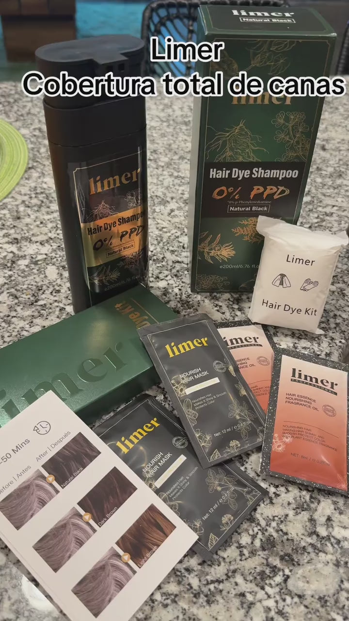 Limer 0% PPD hair dye shampoo kit for total gray hair coverage, featuring Natural Black shampoo, hair dye packets, nourishing mask, gloves, and before-and-after color chart