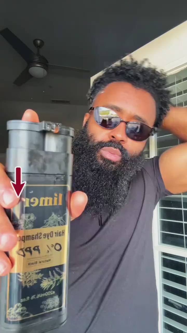 Man with dark beard holding Limer 0% PPD hair dye shampoo, showing an at-home coloring solution for men’s hair and beard