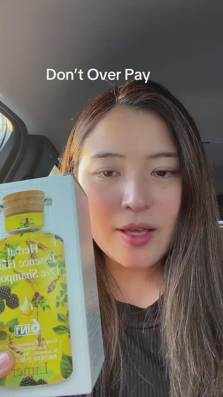 Portable multi-pack hair dye shampoo shown by a woman in a video, promoting an affordable and convenient at-home hair coloring solution