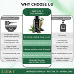 Comparison chart of Limer Hair Dye Shampoo vs traditional hair dyes, highlighting its ammonia-free herbal formula and 20-minute fast coloring
